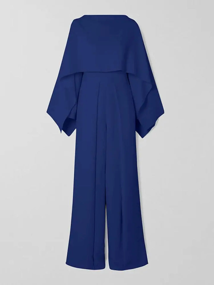 Eleganter blauer Damen-Jumpsuit mit weitem Bein und langen Ärmeln, Frühling/Herbst Mode.