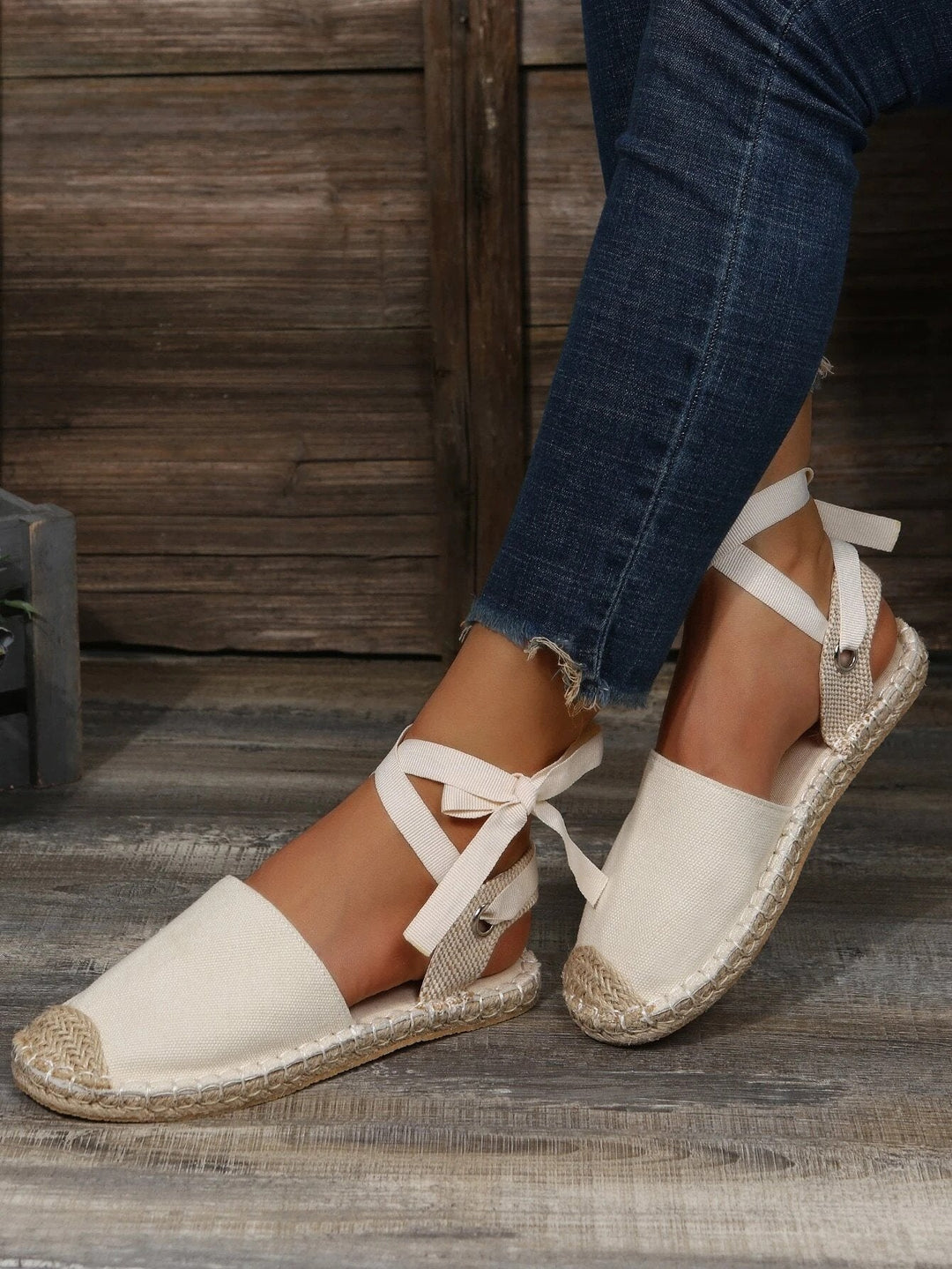 Damen Espadrilles Sandalen, beige, Leinen, mit Knöchelriemen, Sommermode, bequem, lässig.