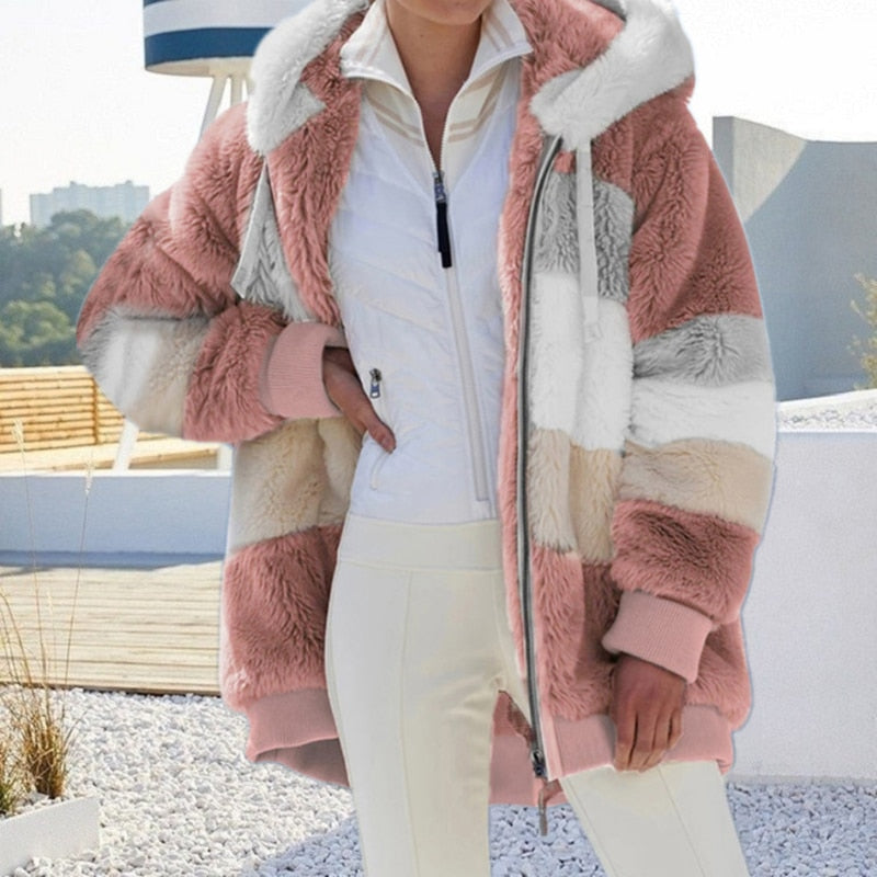 Damen Winterjacke, rosa-weiß gestreift, Kunstpelz, warm, modisch, Outdoor-Bekleidung.