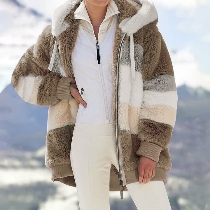 Damen Winterjacke aus Kunstpelz, gestreift, beige und weiß, mit Kapuze, modisch und warm.