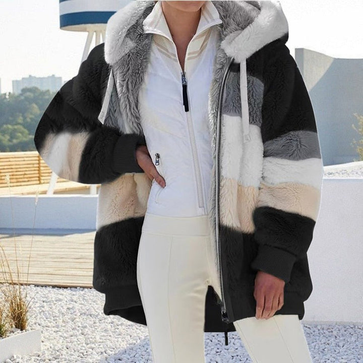 Damen Winterjacke, gestreift, Kunstpelz, Kapuze, schwarz-weiß-grau, warm, modisch.