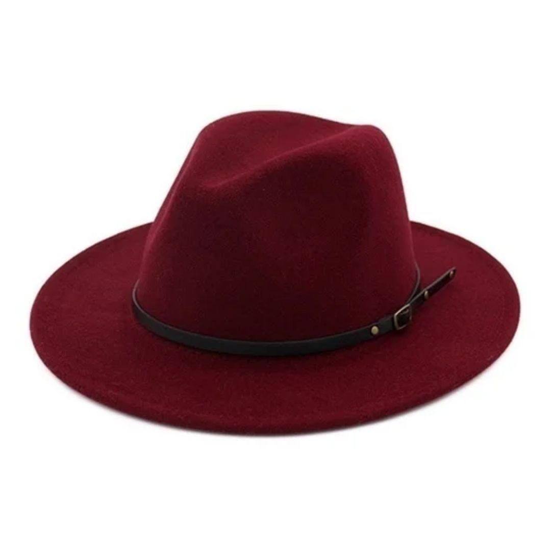 Bordeauxroter Fedora-Hut aus Filz mit schwarzem Band, stilvoller Herren- und Damenhut.