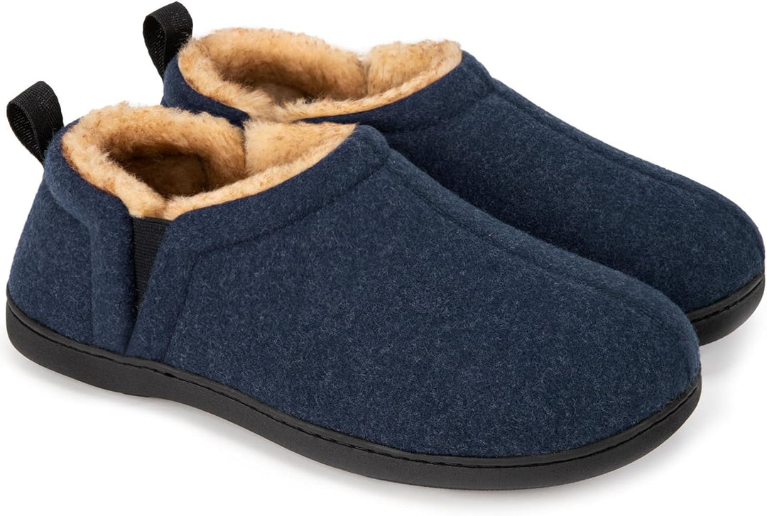 Blaue Filzhausschuhe mit Fleecefutter, rutschfeste Sohle, warme Winterpantoffeln für Herren.