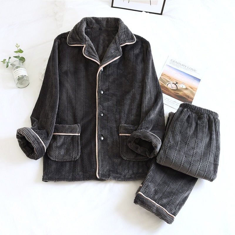 Damen Flanell Pyjama Set, dunkelgrau, warm, Winter, Knopfleiste, gemütlich, Schlafanzug.
