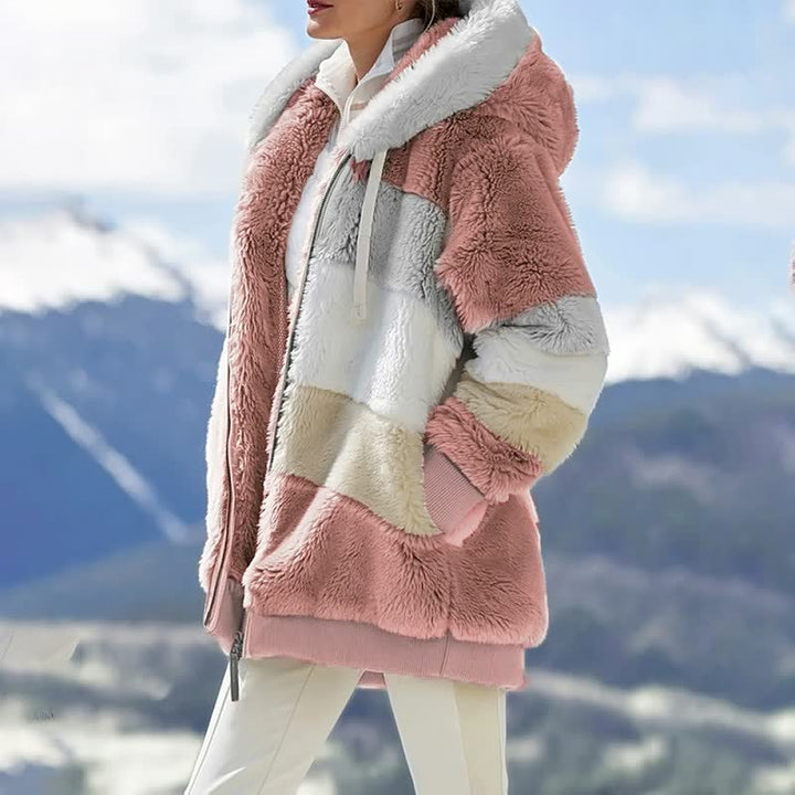 Damen Winterjacke, rosa-weiß gestreift, Kapuze, Plüsch, warm, modisch, Outdoor-Bekleidung.