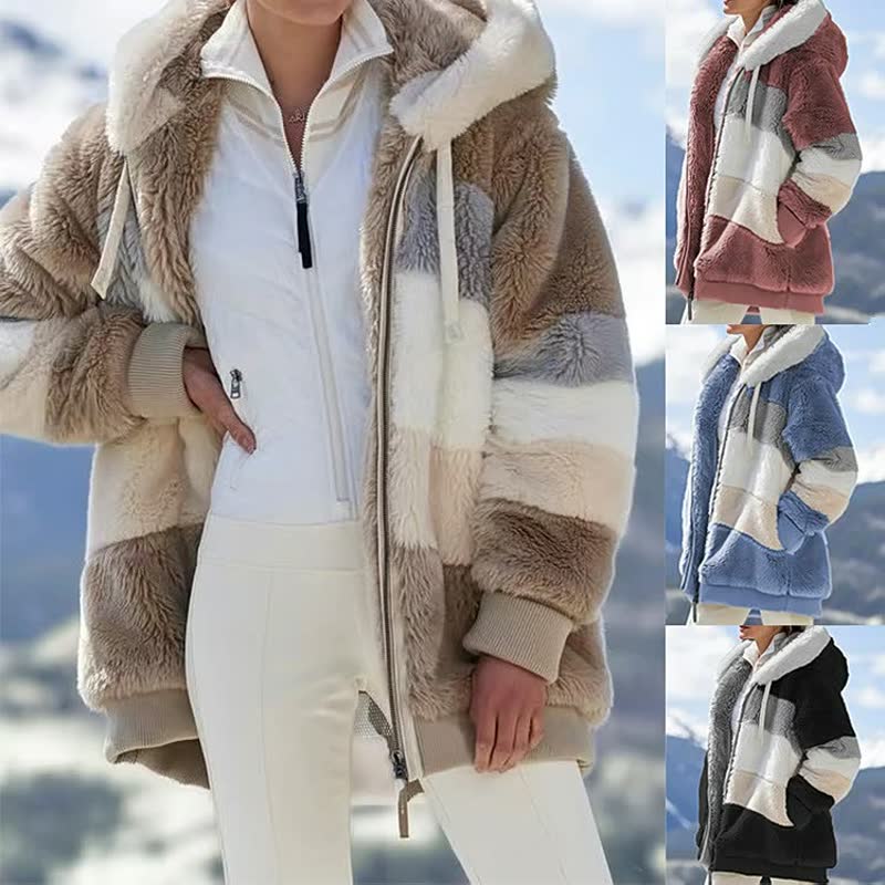 Damen Teddyfelljacke, gestreift, Kapuze, beige, rosa, blau, schwarz, Wintermode, warm.