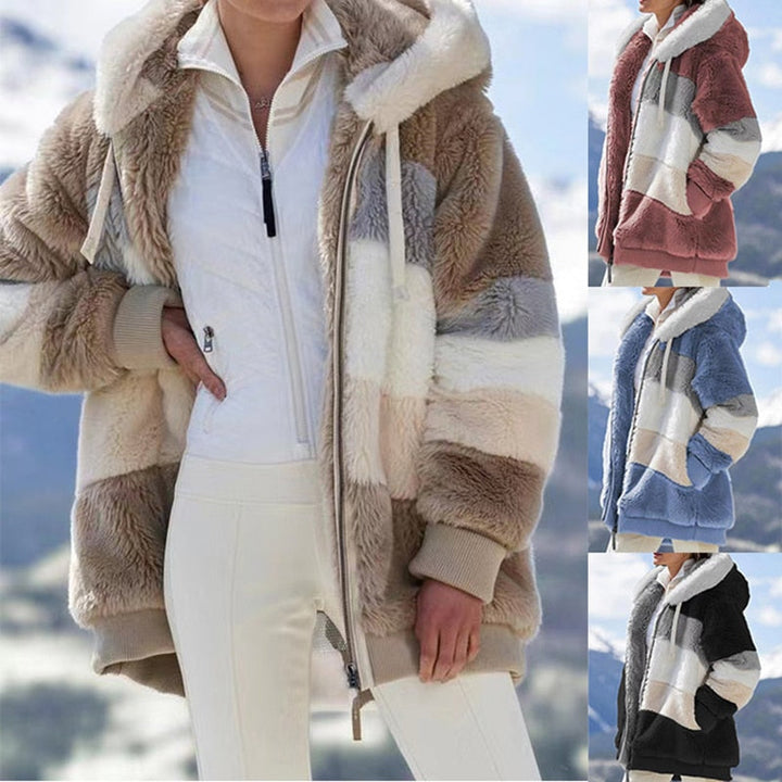Damen Teddyjacke mit Kapuze, gestreift, beige, blau, rosa, warm, Wintermode, Outdoor-Bekleidung.