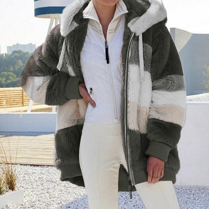Damen Winterjacke, gestreift, grün-weiß, Kunstpelz, Kapuze, warm, modisch, Outdoor-Bekleidung.