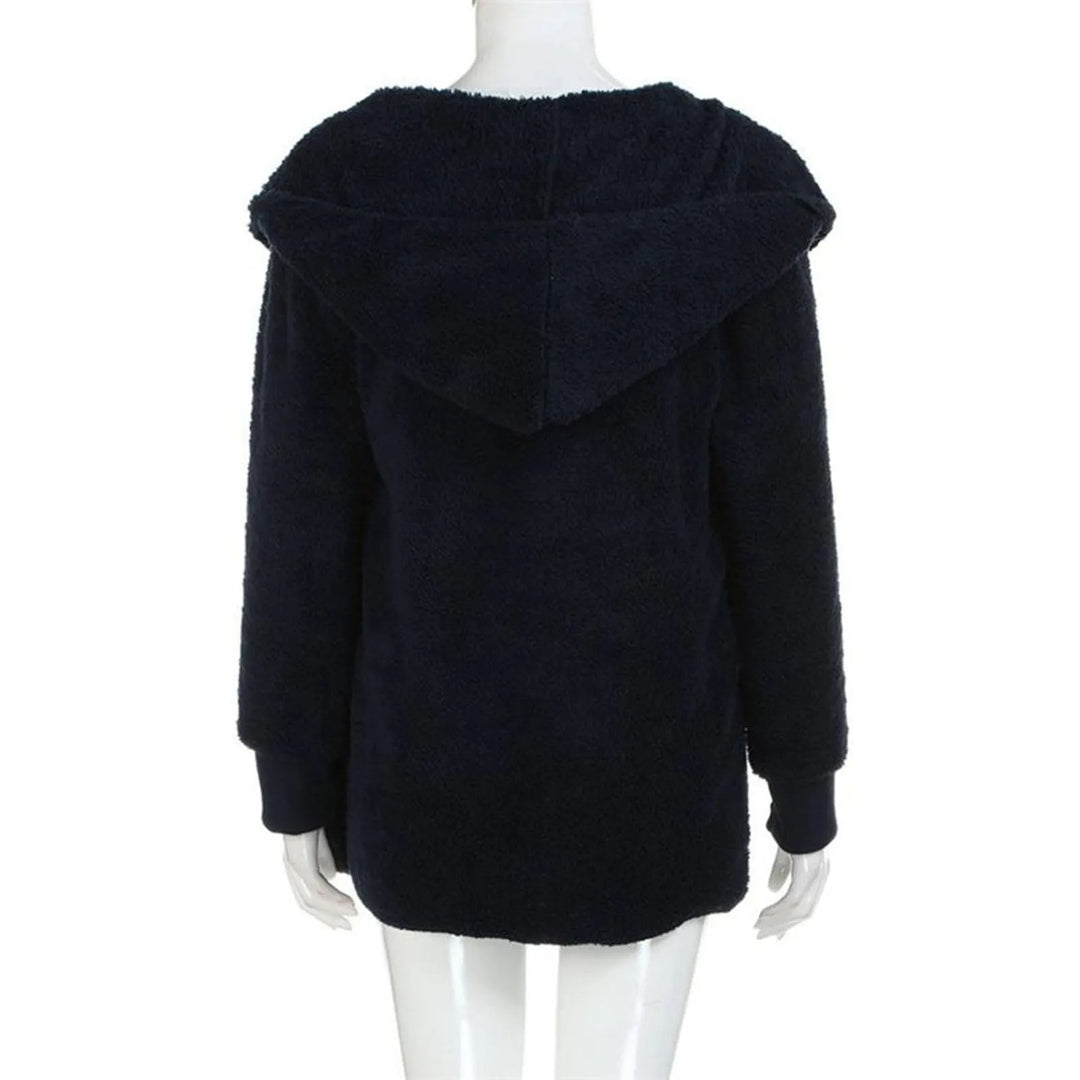 Dunkelblauer Damen-Fleece-Hoodie, Rückansicht, weiches Material, Kapuze, Wintermode.