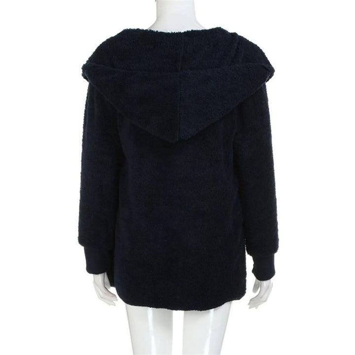 Dunkelblauer Damen-Fleece-Hoodie, Rückansicht, weiches Material, Kapuze, Wintermode.