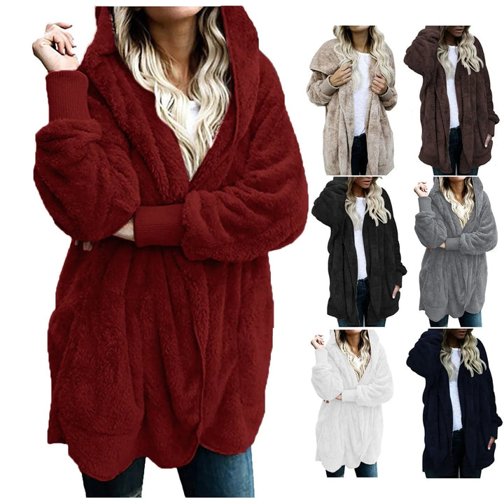 Flauschiger Damen-Kapuzenmantel, rot, beige, braun, schwarz, grau, weiß, Wintermode.
