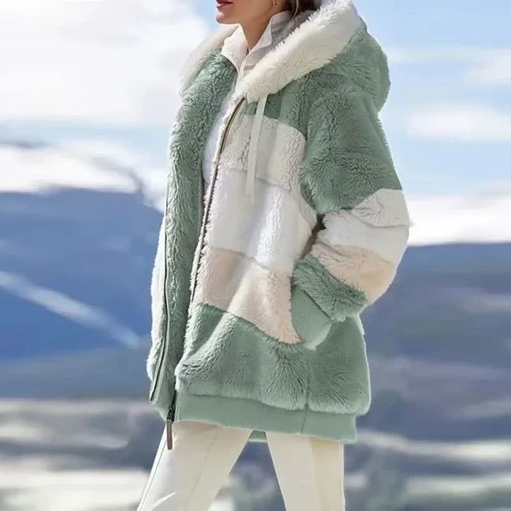 Damen Winterjacke, grün-weiß, Kunstpelz, Kapuze, warm, modisch, Outdoor-Bekleidung.
