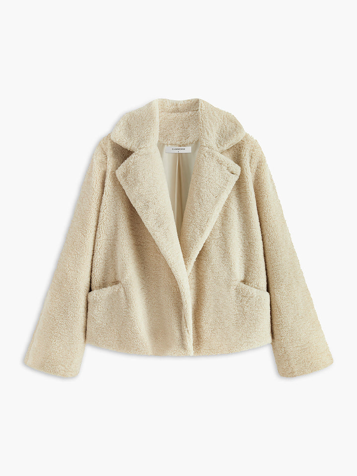 Beige Damen Teddyjacke, flauschig, warm, modisch, Winterbekleidung, mit Taschen, elegant.