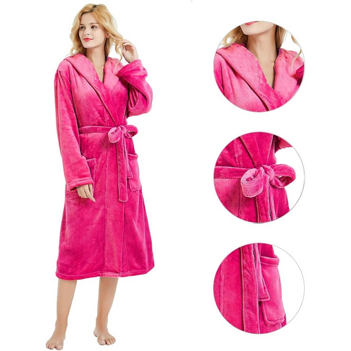 Damen Bademantel Fleece Pink, Kapuze, Gürtel, Taschen, gemütlich, weich, warm, Morgenmantel.