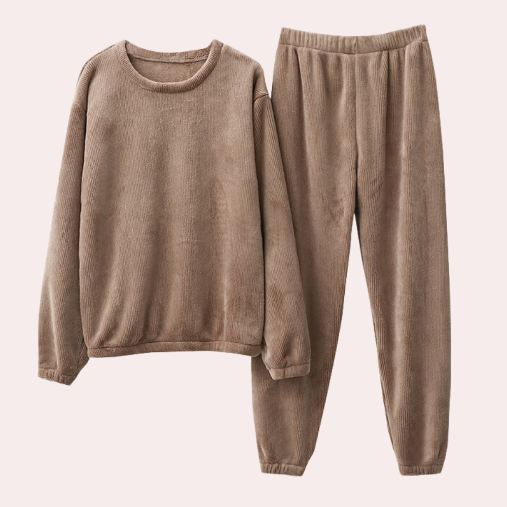 Brauner Fleece-Pyjama-Set für Damen, gemütlich, langärmelig, elastischer Bund, Herbstmode.