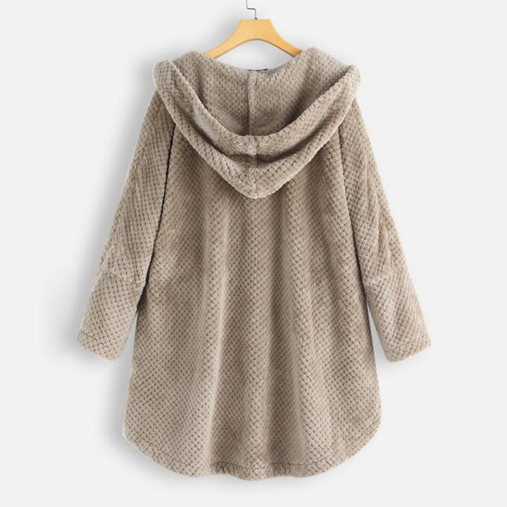 Damen Kapuzenmantel aus Kunstpelz, beige, warm, elegant, Wintermode, gemütlich, modisch.