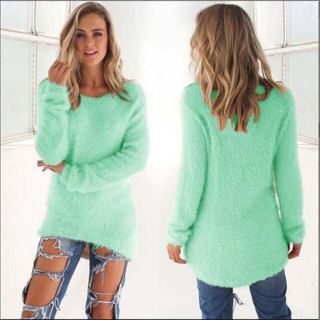 Flauschiger Damenpullover, mintgrün, langärmelig, lässig, bequem, modisch, Herbstmode.