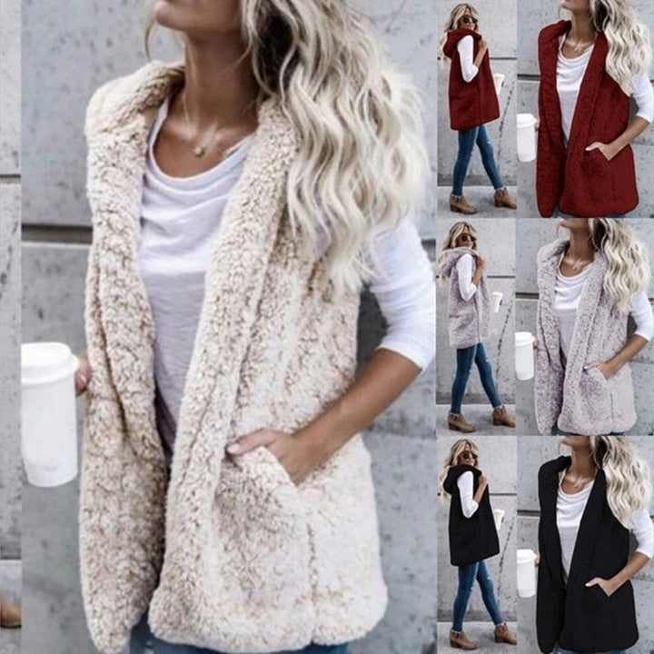 Damen Teddyfell Weste, ärmellos, beige, rot, schwarz, warm, modisch, Herbst Winter Outfit.