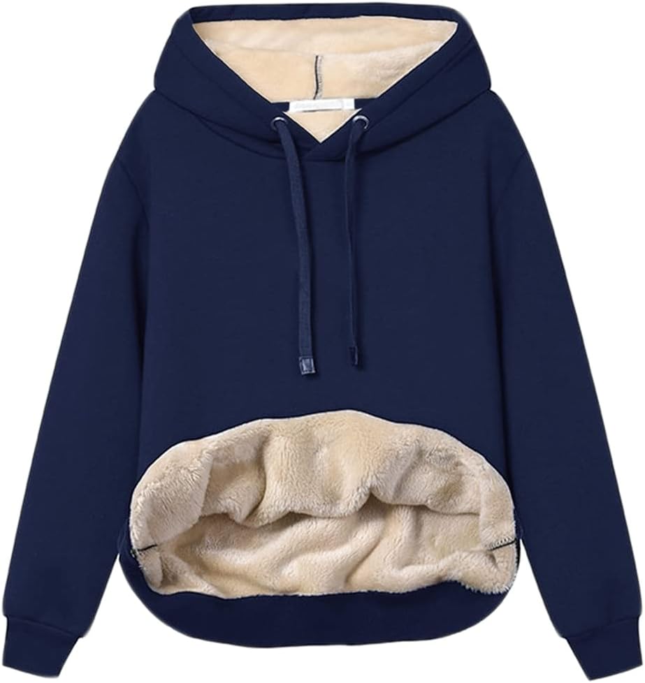 Dunkelblauer Kapuzenpullover mit beigem Fleecefutter, Kängurutasche, Unisex, Wintermode.
