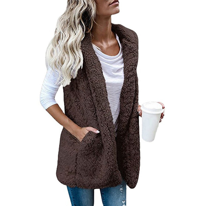 Damen Teddyfell Weste braun, ärmellos, lässig, warm, Herbstmode, mit Taschen.
