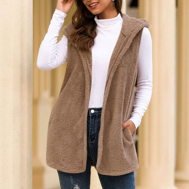 Damen Teddyfell-Weste beige, ärmellos, Kapuze, modisch, warm, Herbstmode, Freizeitkleidung.