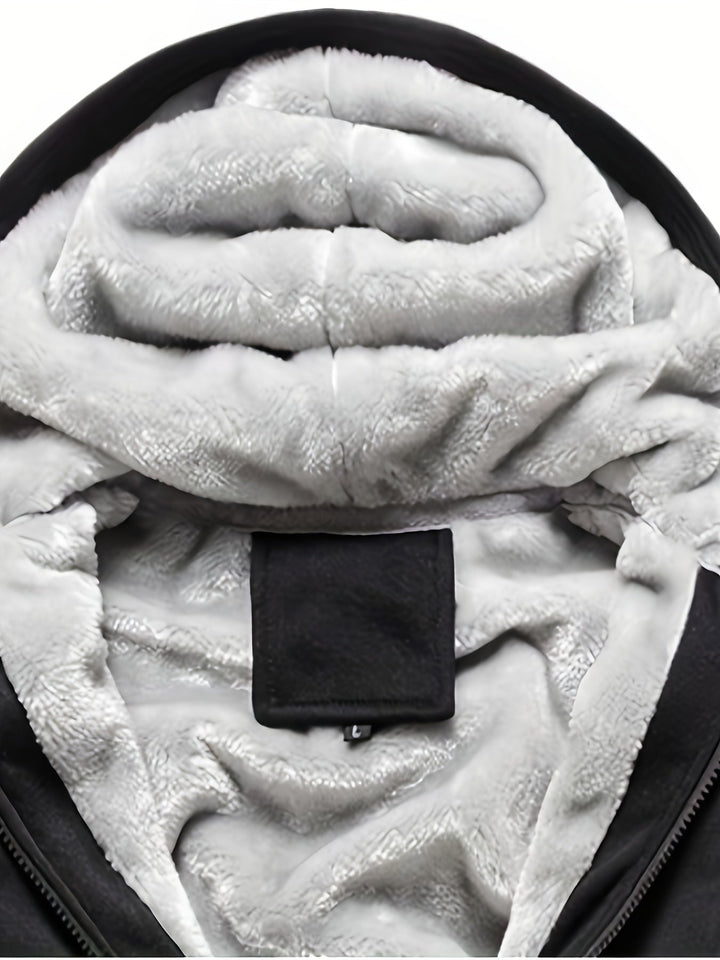 Schwarze Jacke mit grauem Kunstfellfutter, warm, modisch, Winterbekleidung, Unisex.