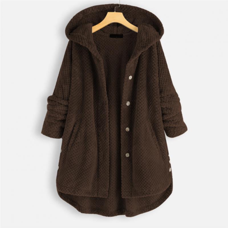 Brauner Damen-Fleece-Mantel mit Kapuze, Knöpfen und Taschen, warm und gemütlich.