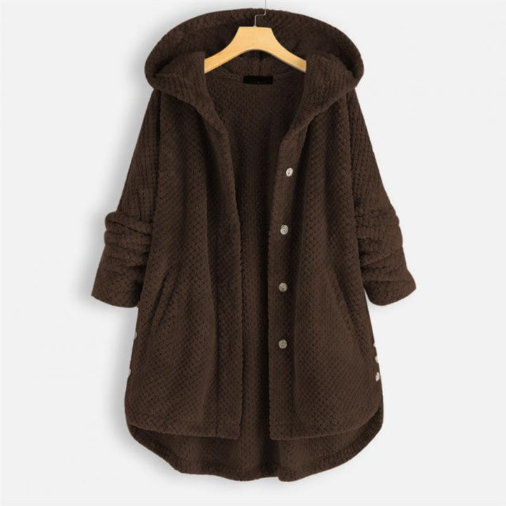 Brauner Damen-Fleece-Mantel mit Kapuze, Knöpfen und Taschen, warm und gemütlich.