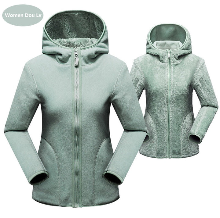 Damen Fleecejacke mit Kapuze, grün, Reißverschluss, warm, Outdoor-Bekleidung, Wintermode.