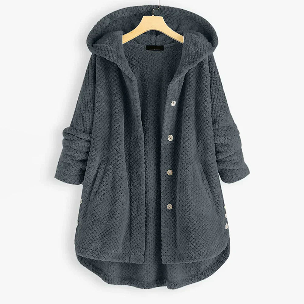 Damen Kapuzenjacke, grau, Fleece, Knopfleiste, warm, gemütlich, Herbstmode, lässig.
