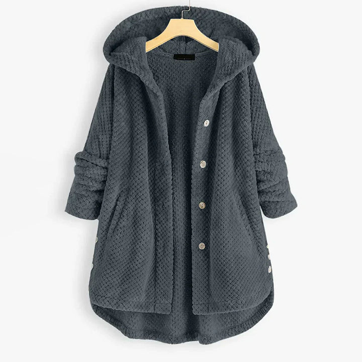 Damen Kapuzenjacke, grau, Fleece, Knopfleiste, warm, gemütlich, Herbstmode, lässig.