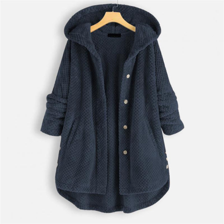 Dunkelgrauer Damen-Fleece-Mantel mit Kapuze, Knöpfen und Taschen, gemütlich und warm.