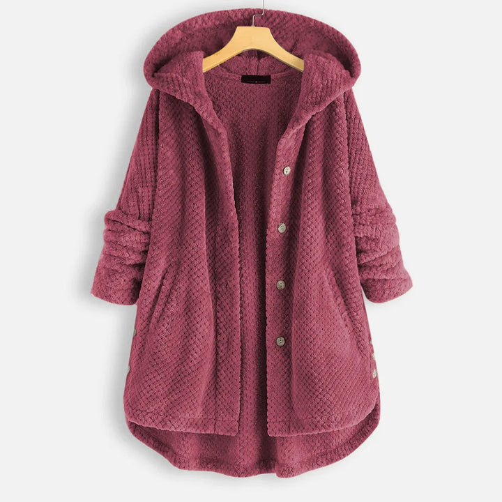 Damen Fleecejacke mit Kapuze, rosa, Knöpfe, warm, gemütlich, Wintermode, Freizeitkleidung.