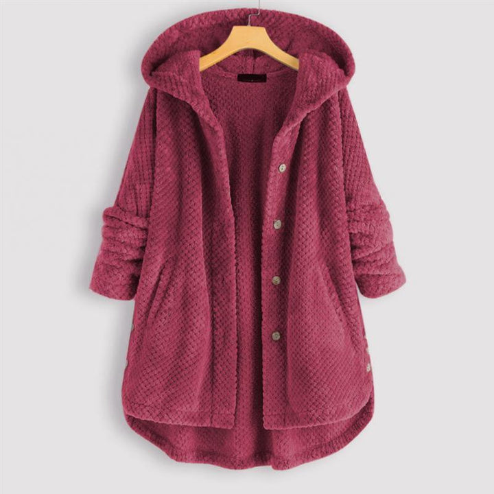 Damen Kapuzenjacke aus Fleece, weinrot, mit Knöpfen, warm und gemütlich für Herbst/Winter.