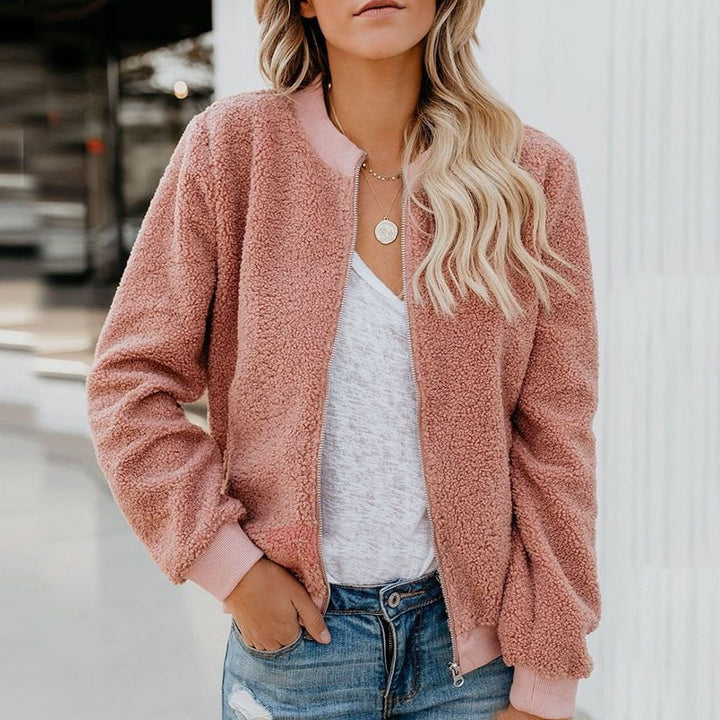 Damen Teddyjacke rosa, flauschig, Reißverschluss, lässig, modisch, Herbstmode, Streetwear.