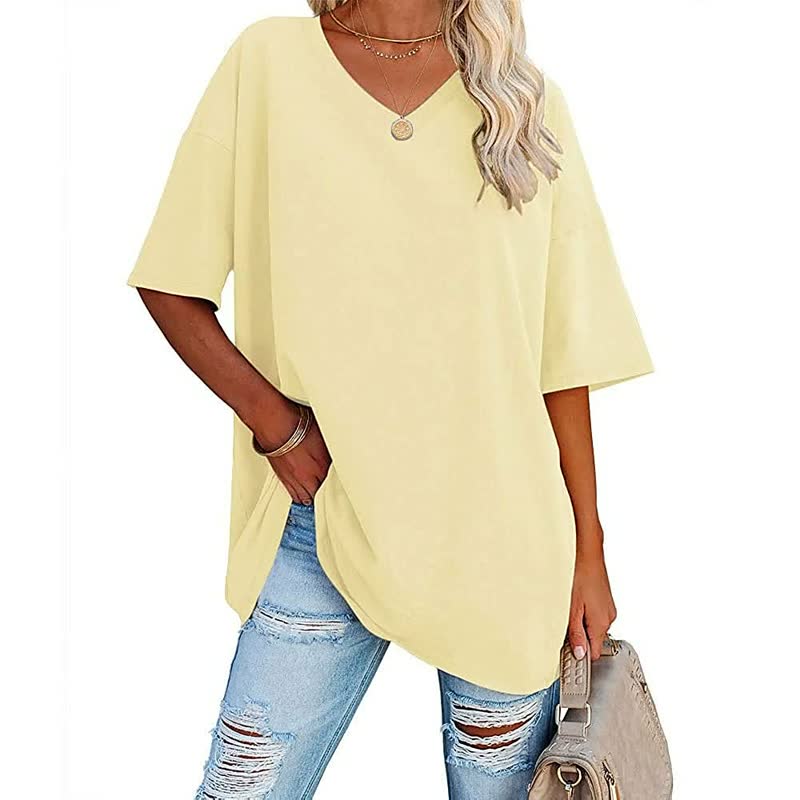 Gelbes Damen-T-Shirt, V-Ausschnitt, Baumwolle, lässig, Sommermode, kurze Ärmel.