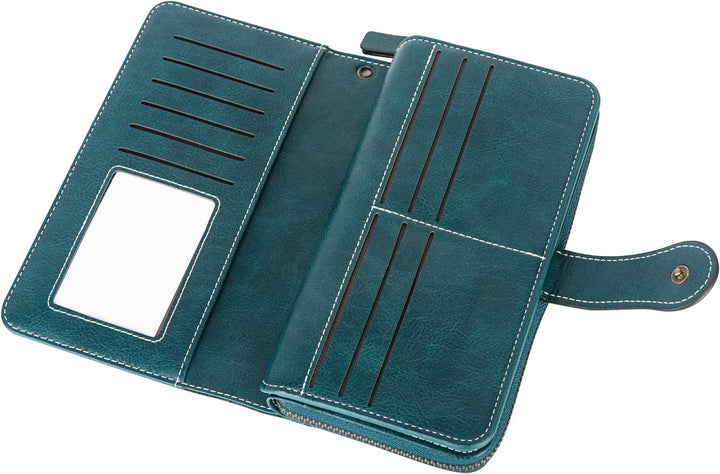 Blaue Leder-Geldbörse mit Kartenfächern und Druckknopfverschluss, stilvoll und funktional.