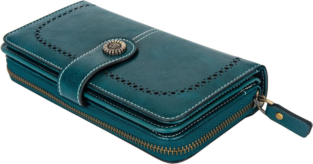 Blaue Damen-Geldbörse aus Leder mit Reißverschluss und Knopfverschluss, elegant und stilvoll.