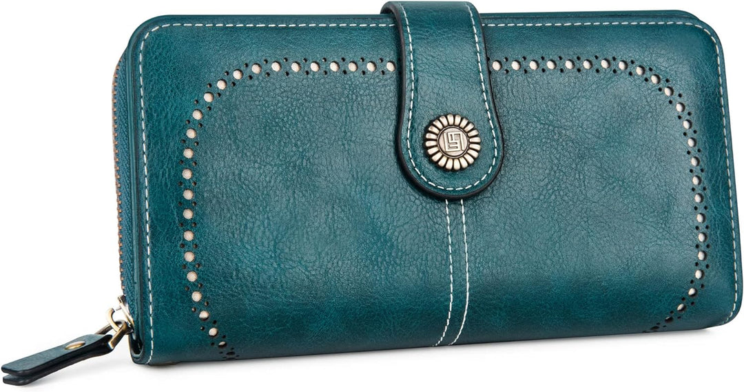 Blaue Damen-Geldbörse aus Leder mit Druckknopf, elegant und stilvoll, modisches Accessoire.