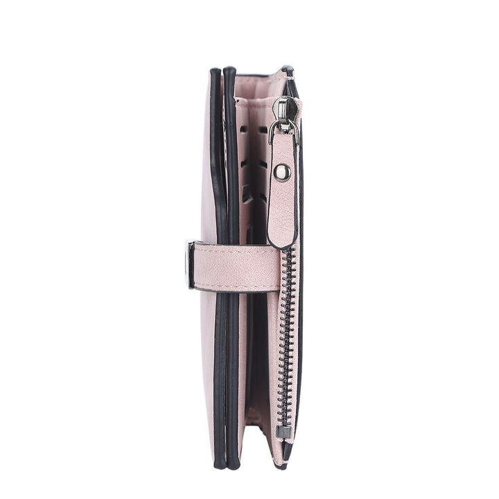 Rosa Damen-Geldbörse aus Leder mit Reißverschluss, seitliche Ansicht, elegant und stilvoll.