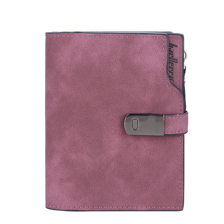 Dunkelrote Leder-Geldbörse mit Schnalle, stilvoll, kompakt, für Damen.