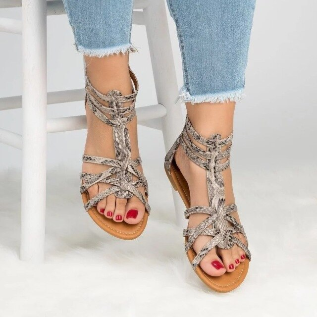 Damen Sandalen, Boho-Stil, Schlangenleder-Optik, flach, Sommer, Größe 35-43, modisch.