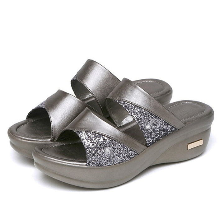 Damen Sandalen, silber, Glitzer, Keilabsatz, bequem, modisch, Sommer, rutschfest.