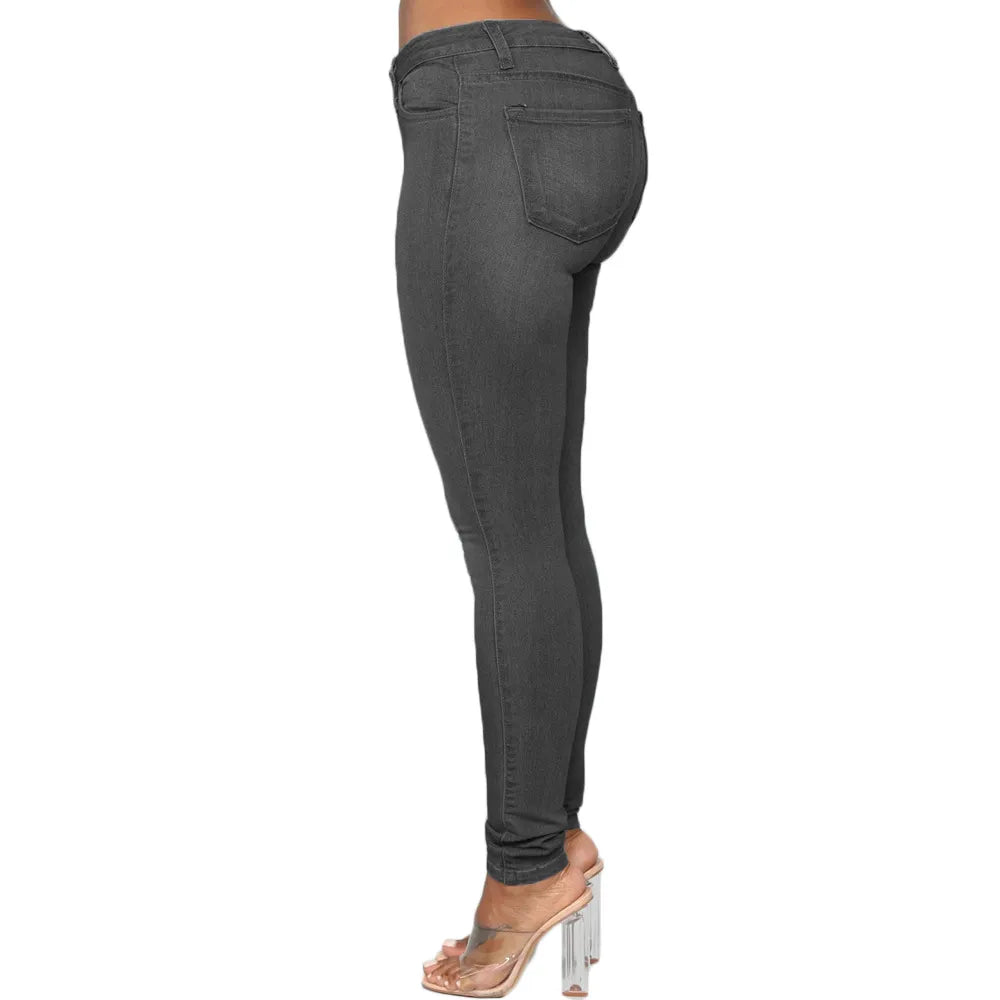 Damen-Jeans, dunkelgrau, Skinny-Fit, hohe Taille, elastisch, modisch, seitliche Ansicht.