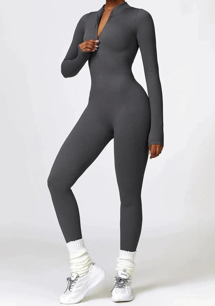 Damen Jumpsuit langarm, dunkelgrau, gerippt, Reißverschluss, sportlich, bequem, modisch.