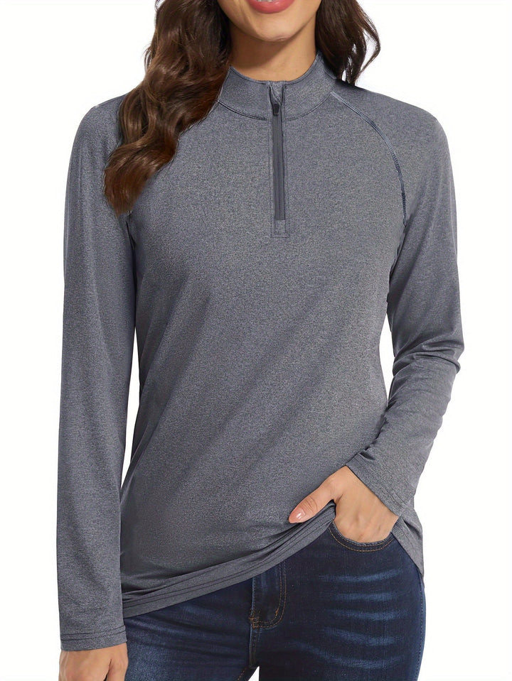 Damen-Grau-Langarmshirt mit Reißverschluss, Freizeitmode, atmungsaktives Material.