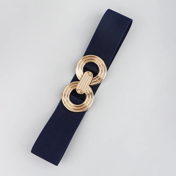 Dunkelblauer elastischer Gürtel mit goldener Schnalle, modisches Accessoire für Damen.