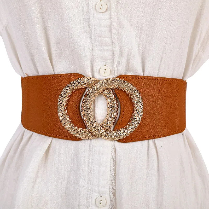Brauner Taillengürtel mit goldener Doppelschnalle, Damenmode Accessoire, elegant und stilvoll.