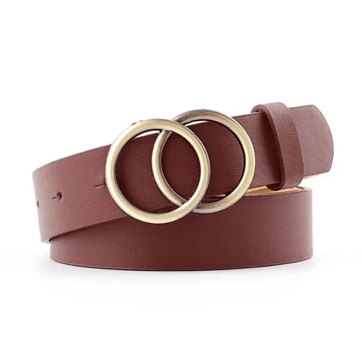 Brauner Ledergürtel mit doppeltem Kupferring, modisches Accessoire für Damen und Herren.