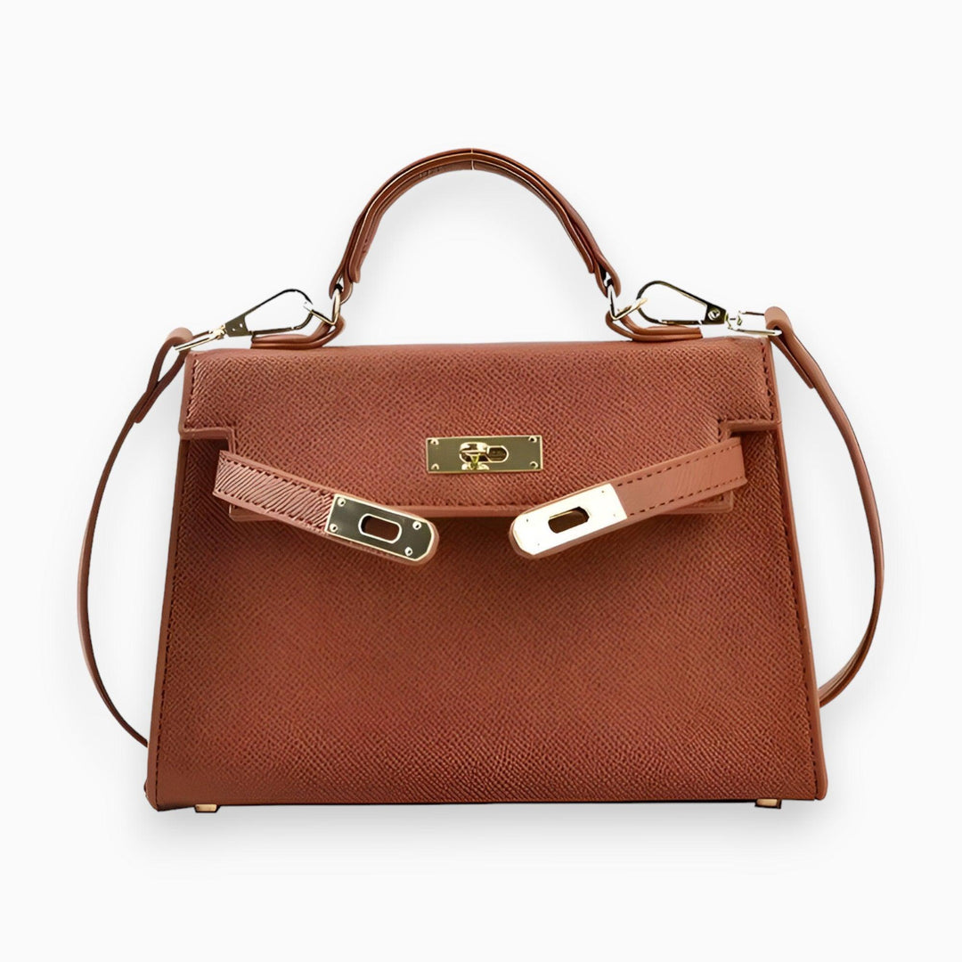 Braune Lederhandtasche mit goldenen Beschlägen, elegantes Design, Damenmode-Accessoire.